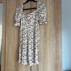 Cream Floral Puff Sleeve Midi Dress with Pink Rose Print